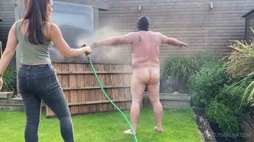 Beautiful wife washes her husband in the meadow bdsm